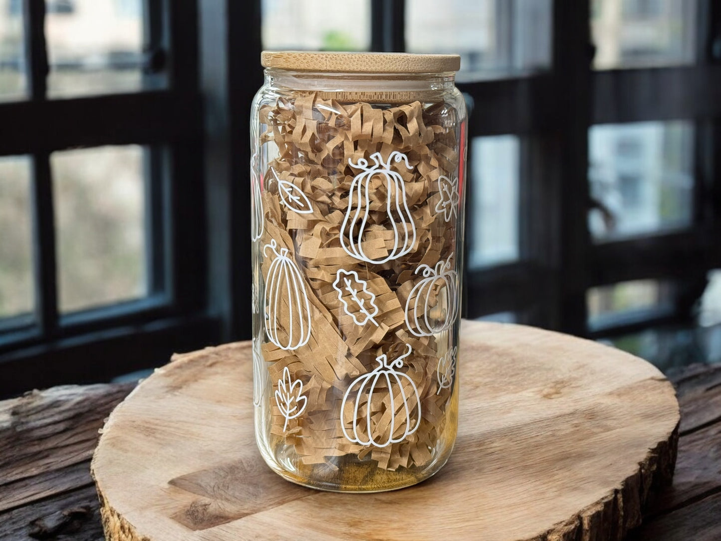 Leaves design fall beer can with straw and bamboo lid