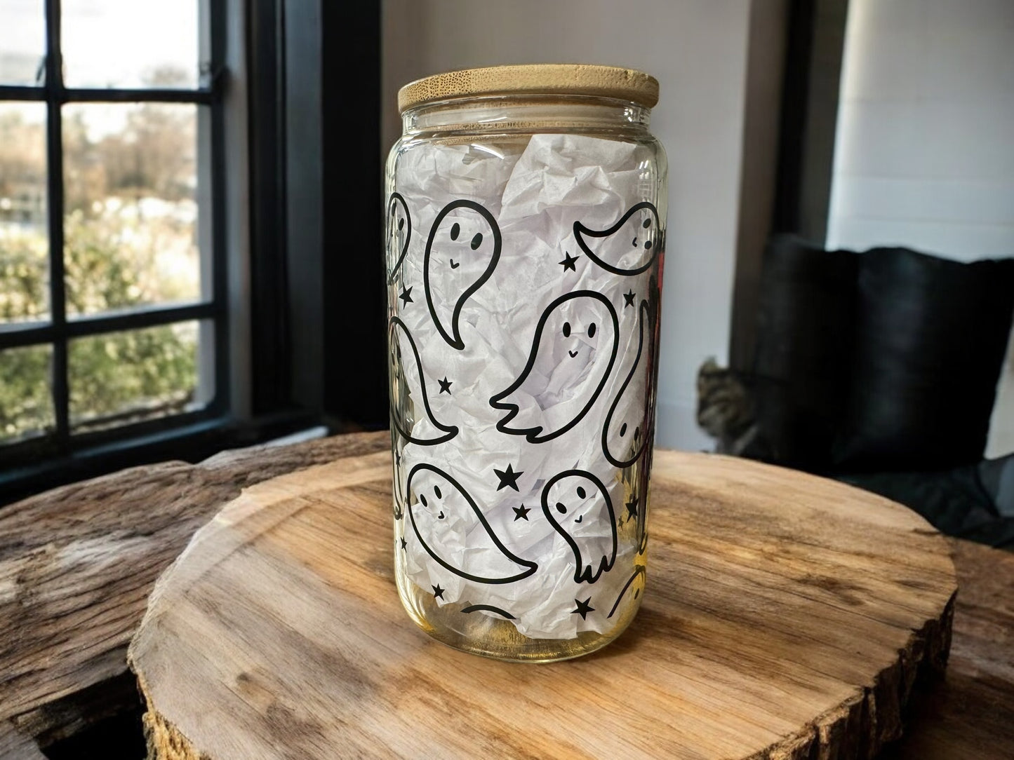 Ghost design beer can with straw and bamboo lid