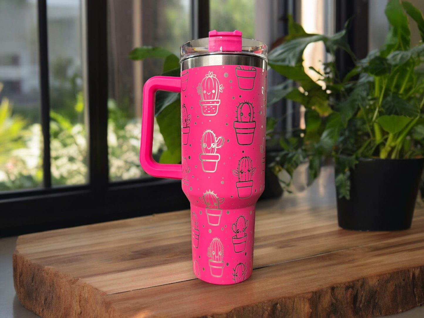 40oz Hot Pink Cactus Tumbler with Handle – Powder-Coated Steel, Screw-On Lid & Straw