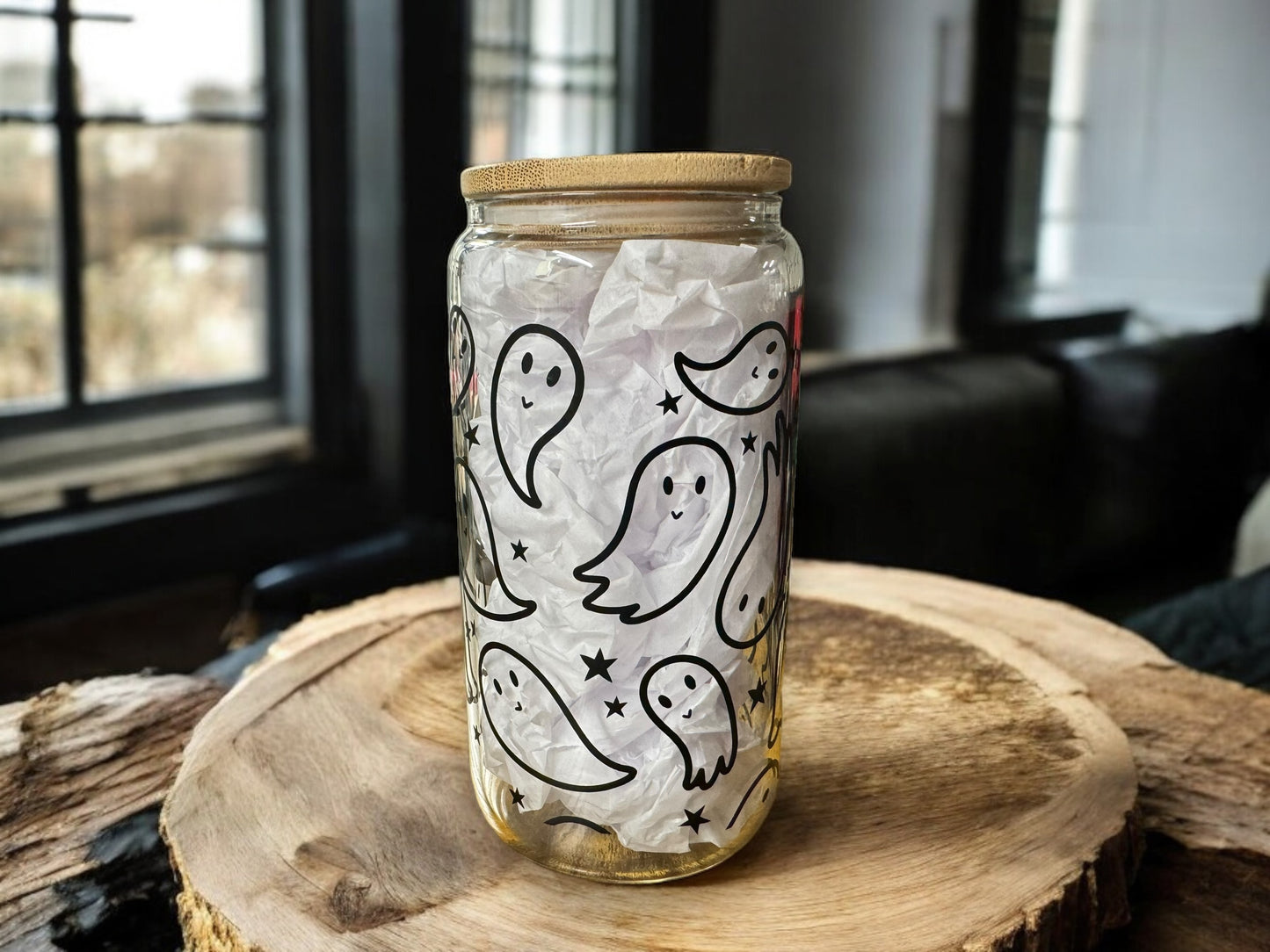 Ghost design beer can with straw and bamboo lid