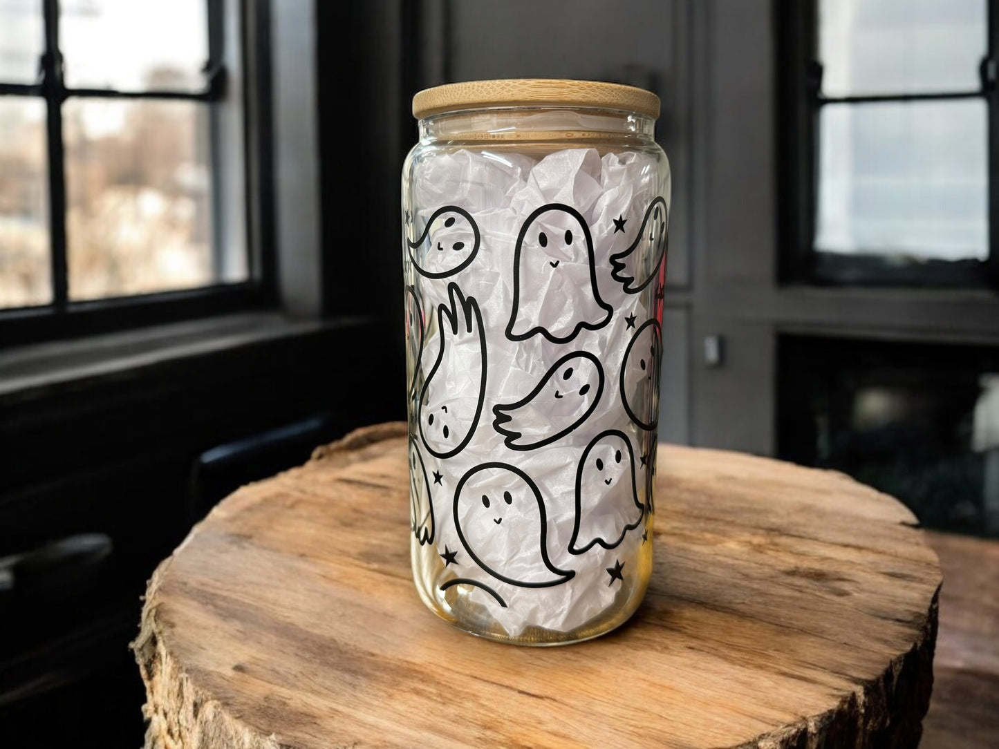 Ghost design beer can with straw and bamboo lid