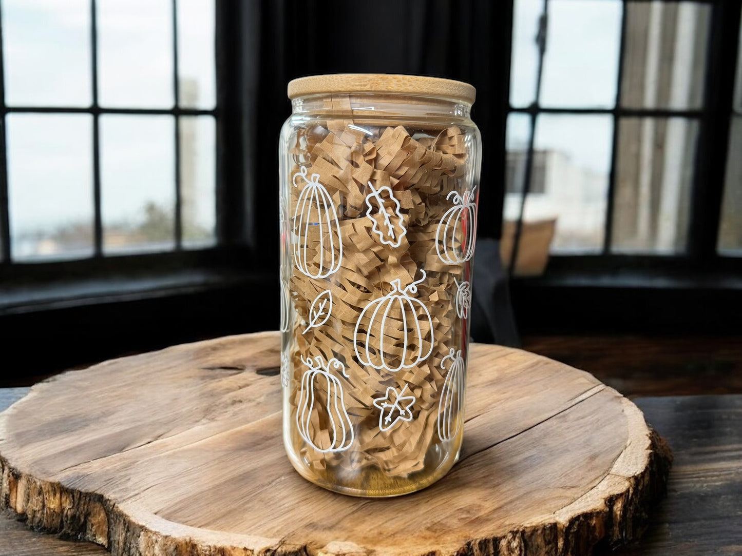 Pumpkin design fall beer can with straw and bamboo lid