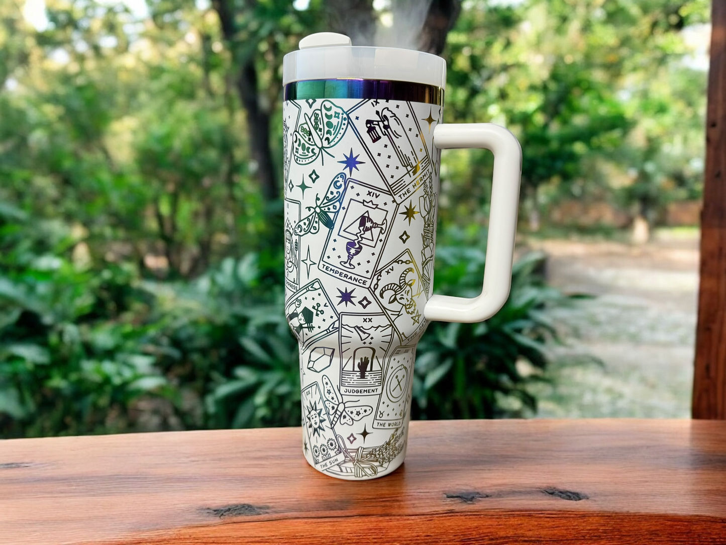 40oz Tarot Card Tumbler – Stainless Steel Travel Cup with Rainbow Base & Straw