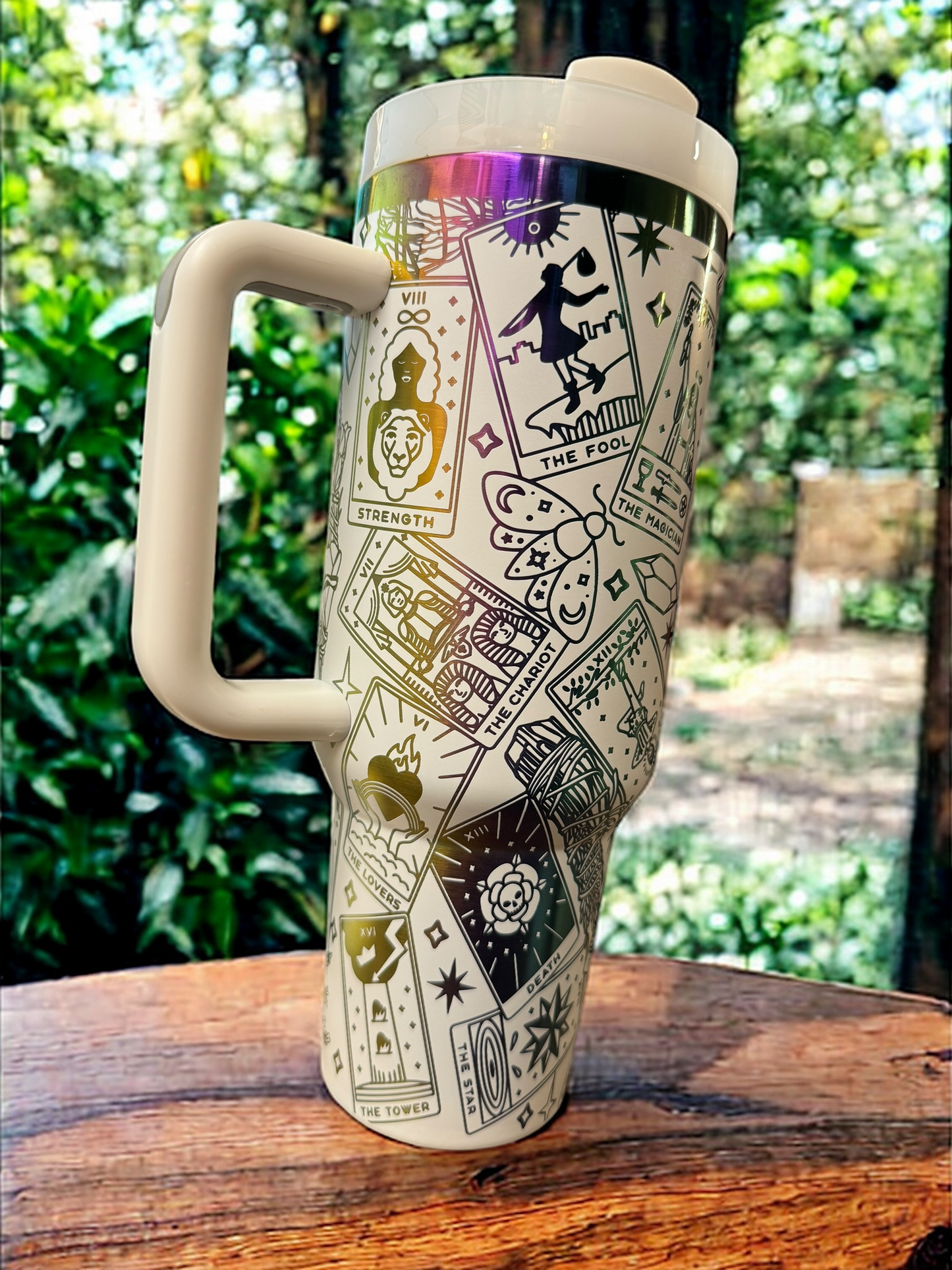 40oz Tarot Card Tumbler – Stainless Steel Travel Cup with Rainbow Base & Straw