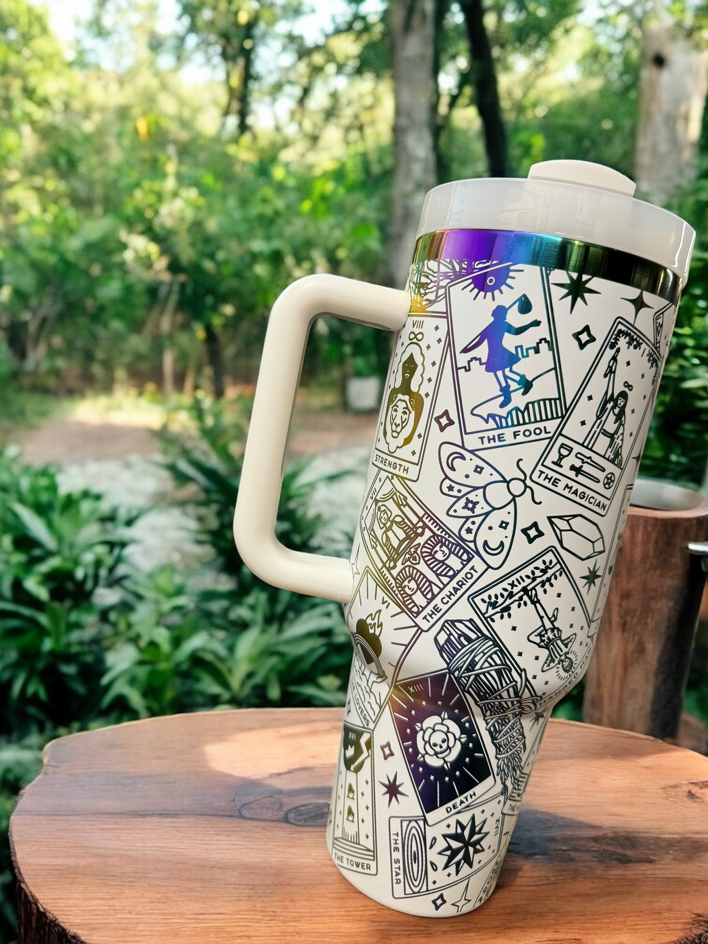 40oz Tarot Card Tumbler – Stainless Steel Travel Cup with Rainbow Base & Straw