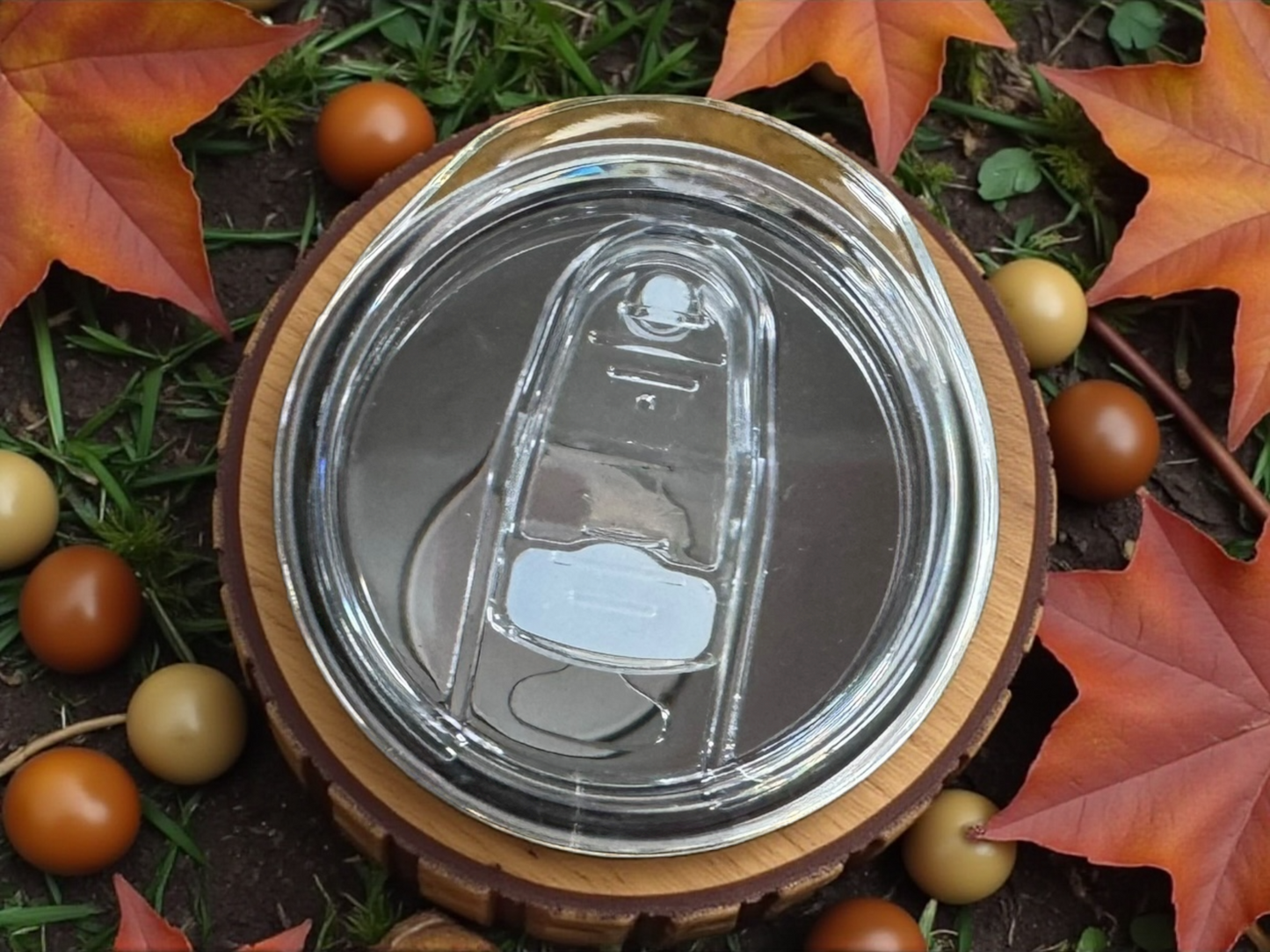 Close-up of a plsatic lid with a clear plastic slider on a background of autumn leaves and acorns