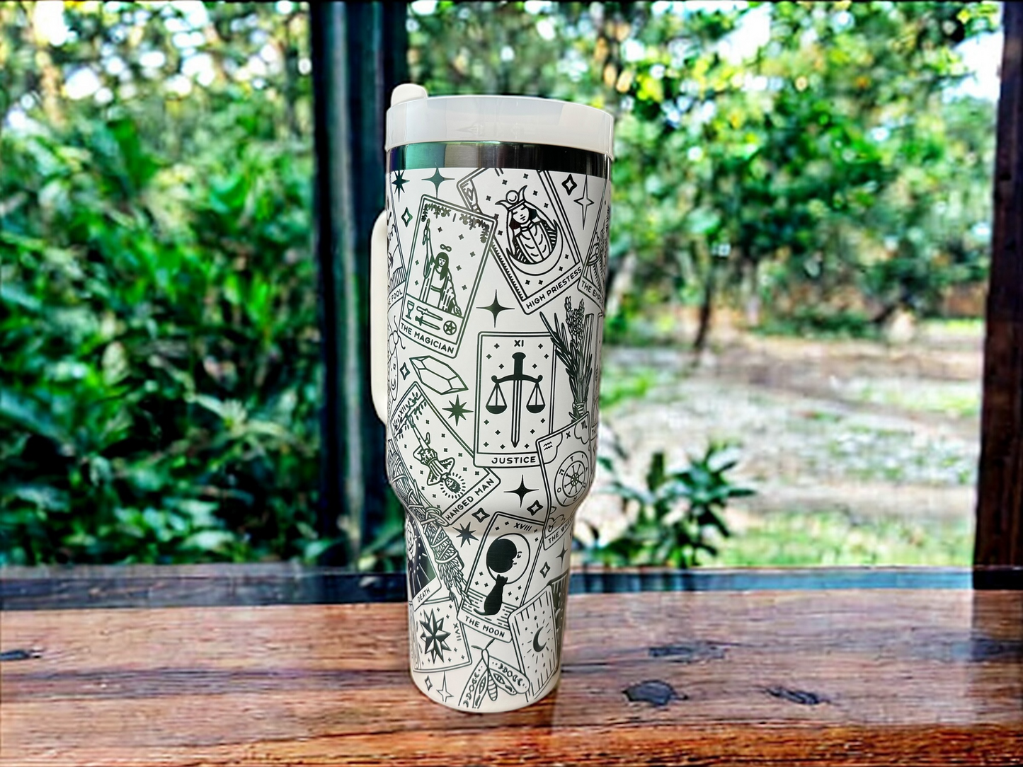 40oz Tarot Card Tumbler – Stainless Steel Travel Cup with Rainbow Base & Straw