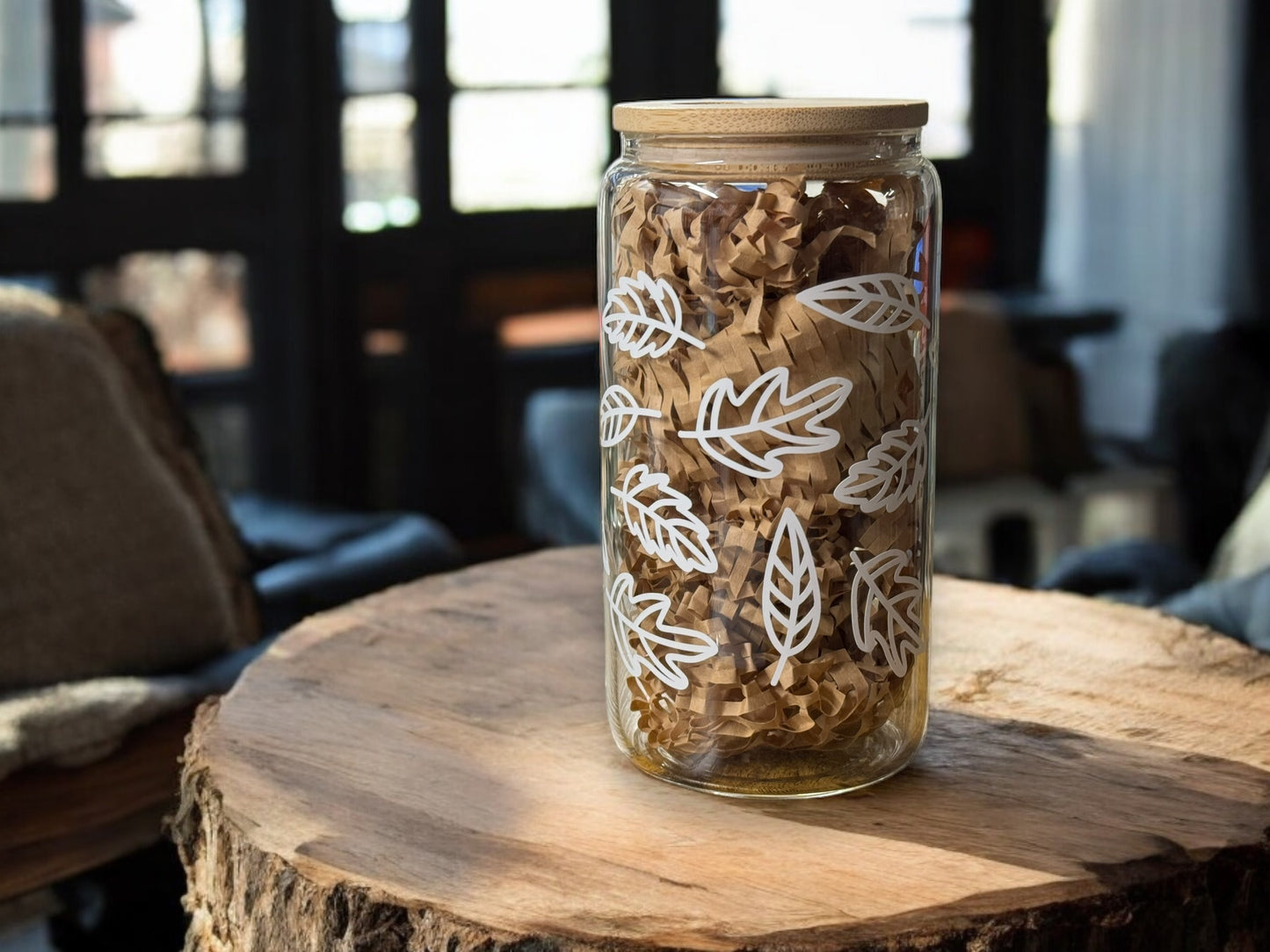 Leaves design fall beer can with straw and bamboo lid