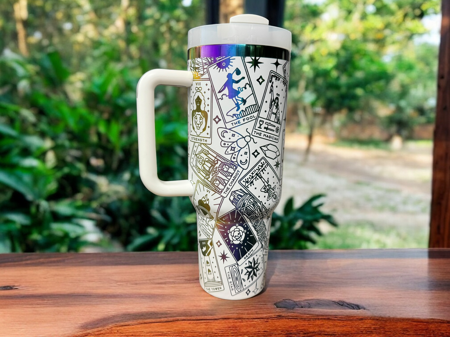 40oz Tarot Card Tumbler – Stainless Steel Travel Cup with Rainbow Base & Straw