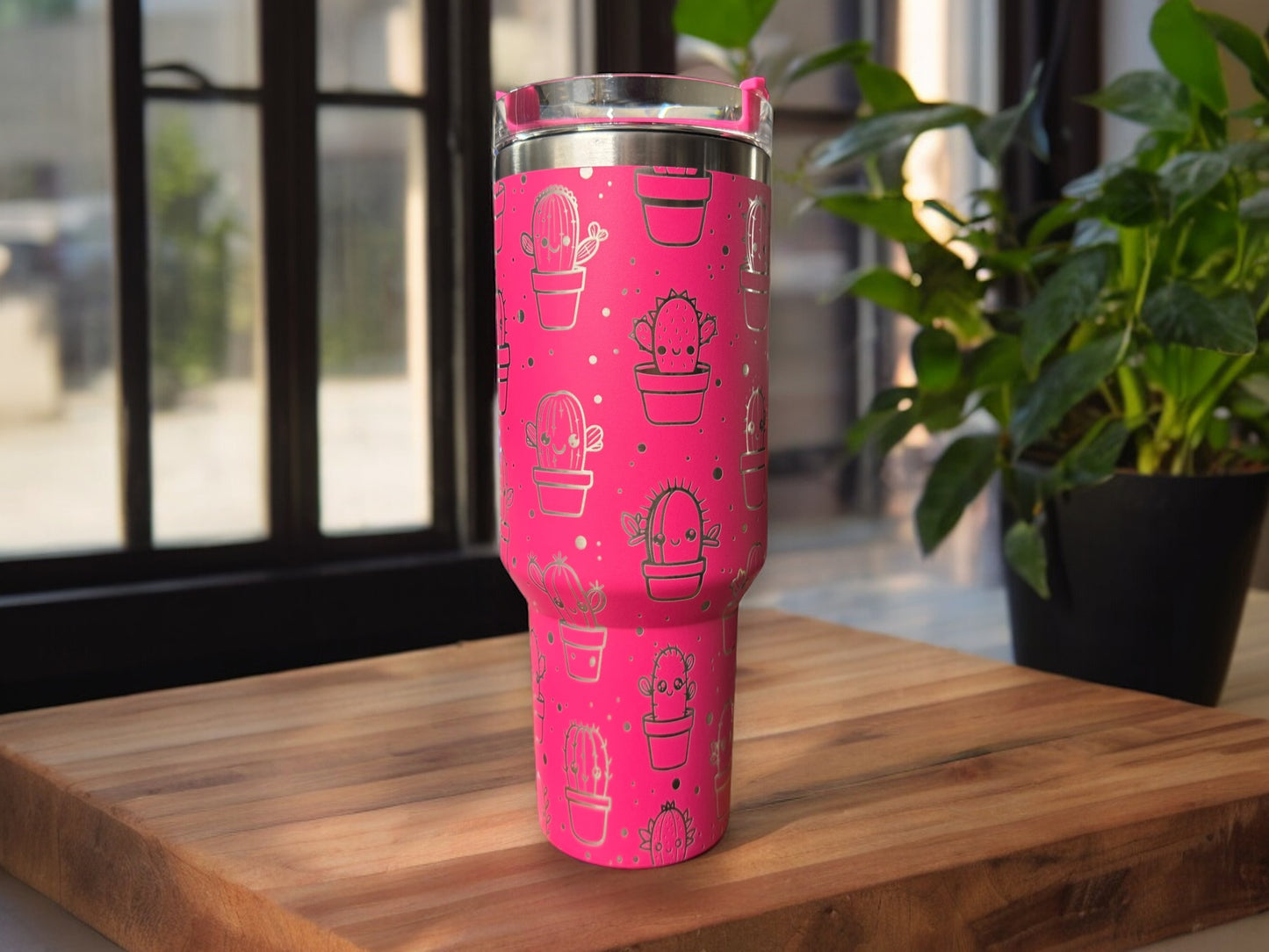 40oz Hot Pink Cactus Tumbler with Handle – Powder-Coated Steel, Screw-On Lid & Straw