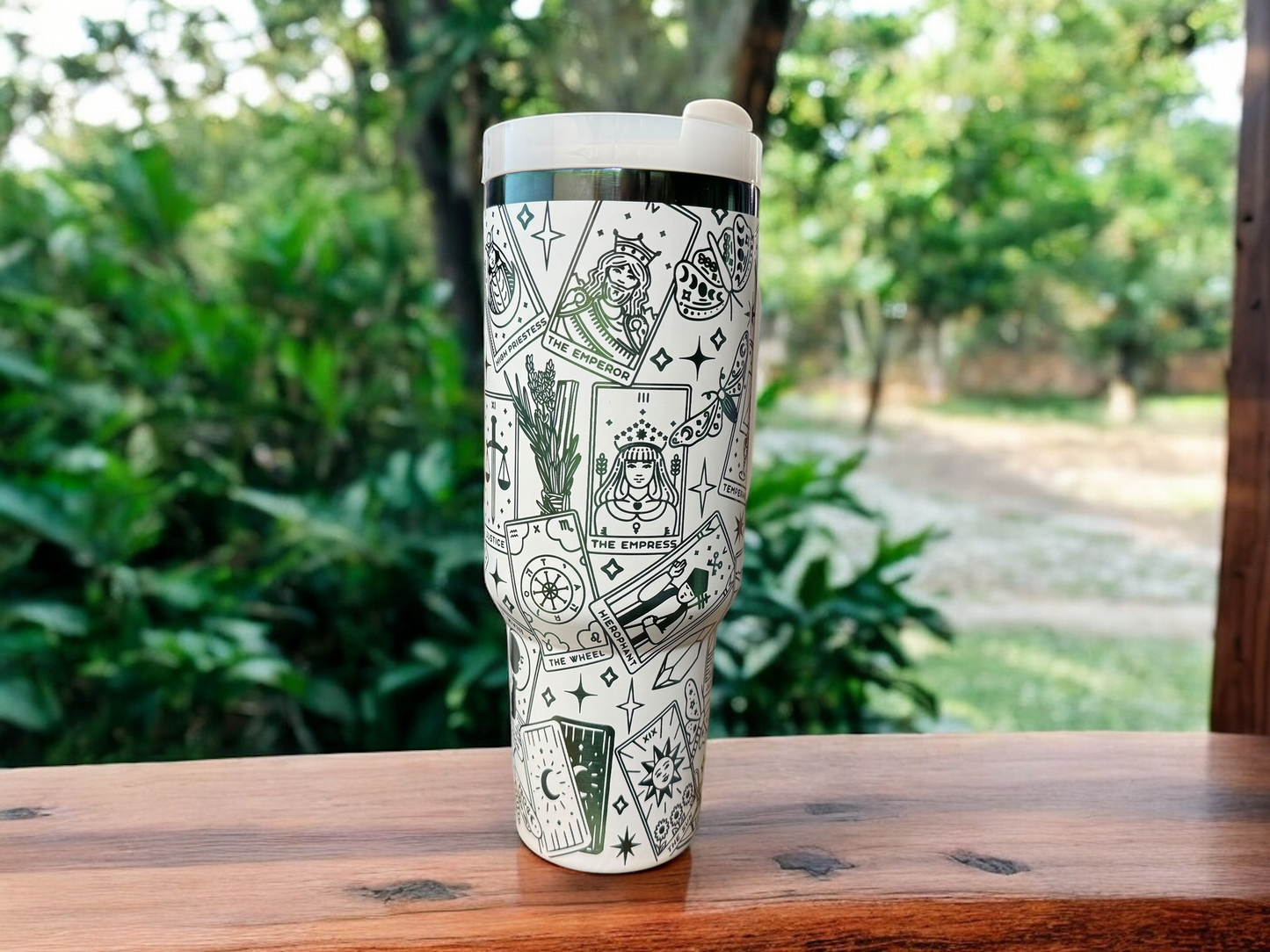 40oz Tarot Card Tumbler – Stainless Steel Travel Cup with Rainbow Base & Straw