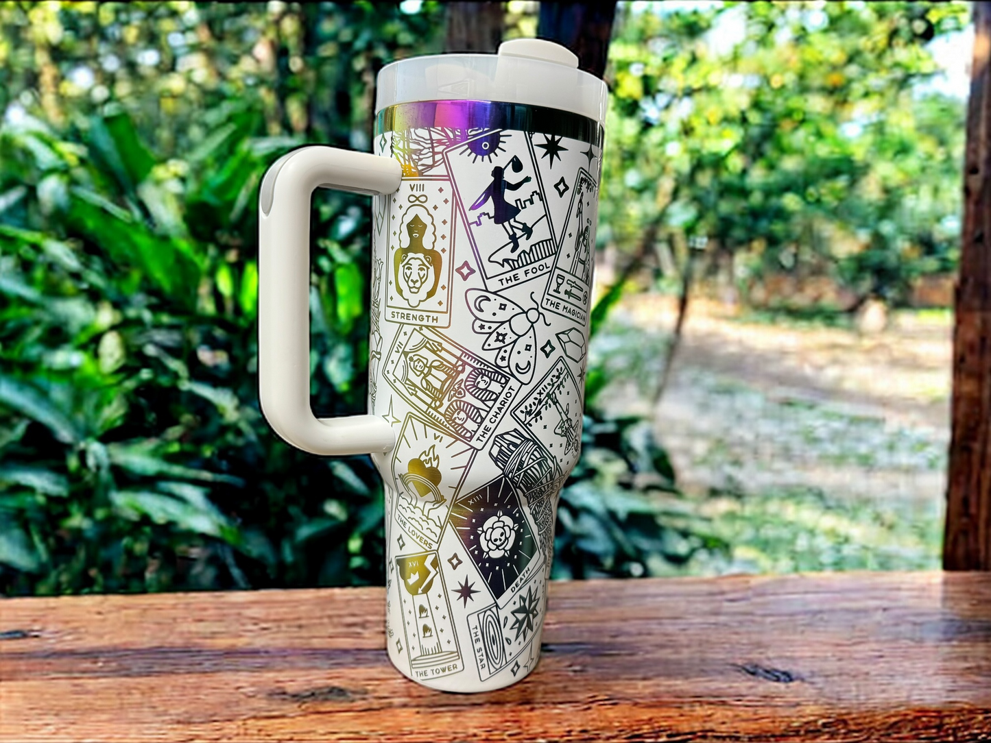 40oz Tarot Card Tumbler – Stainless Steel Travel Cup with Rainbow Base & Straw