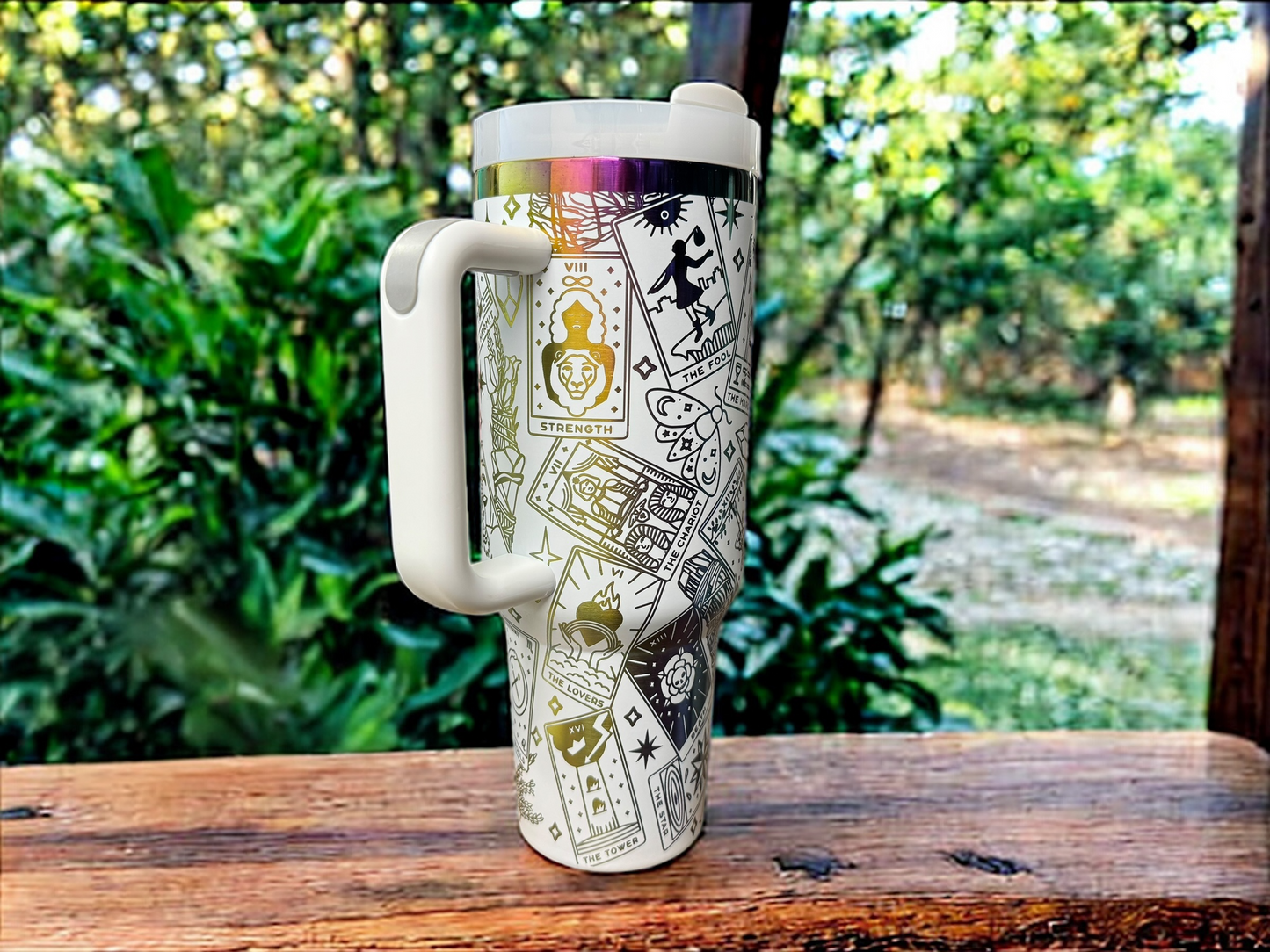 40oz Tarot Card Tumbler – Stainless Steel Travel Cup with Rainbow Base & Straw