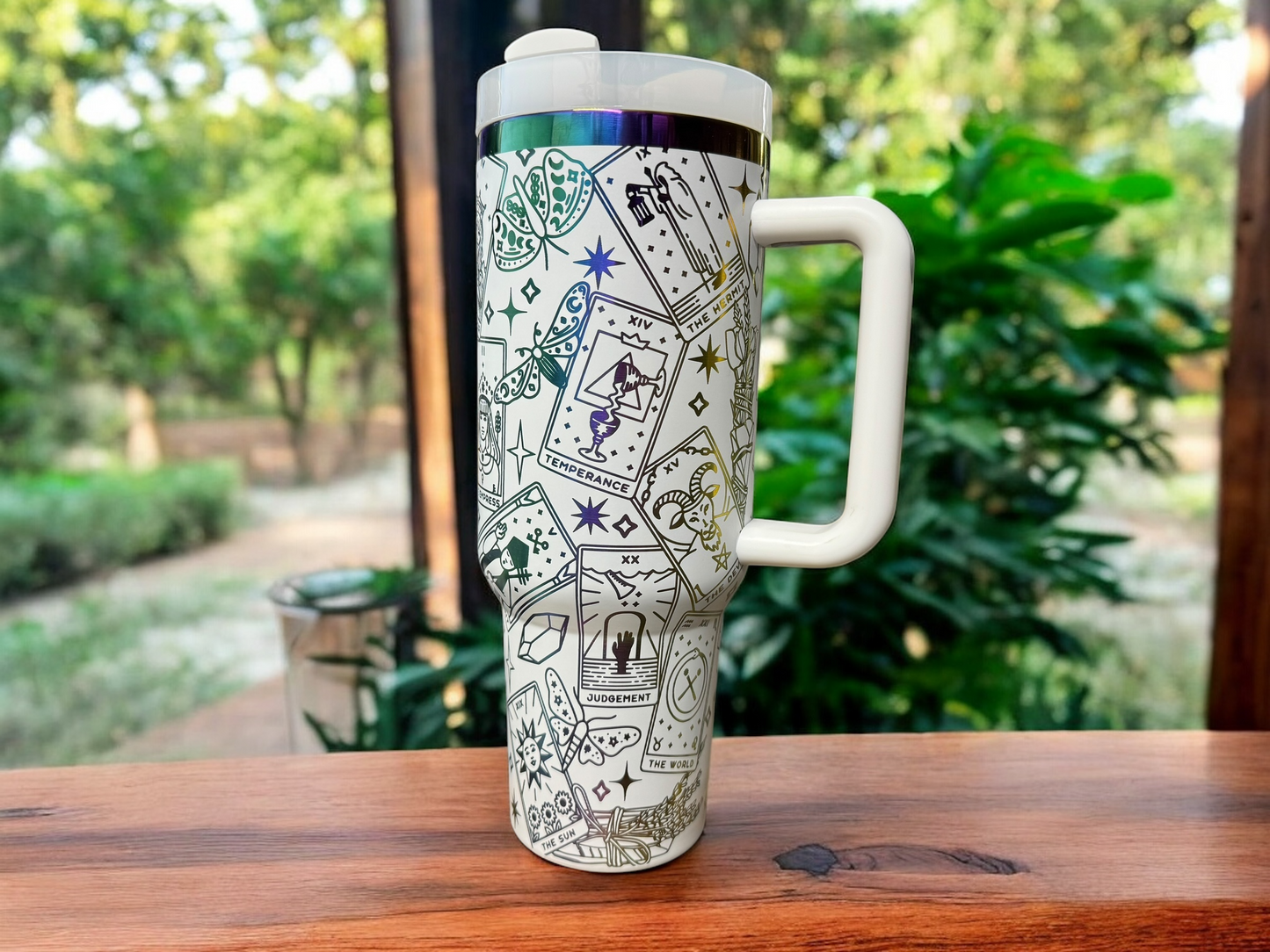 40oz Tarot Card Tumbler – Stainless Steel Travel Cup with Rainbow Base & Straw