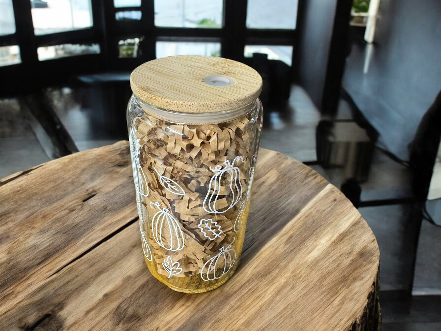 Pumpkin design fall beer can with straw and bamboo lid