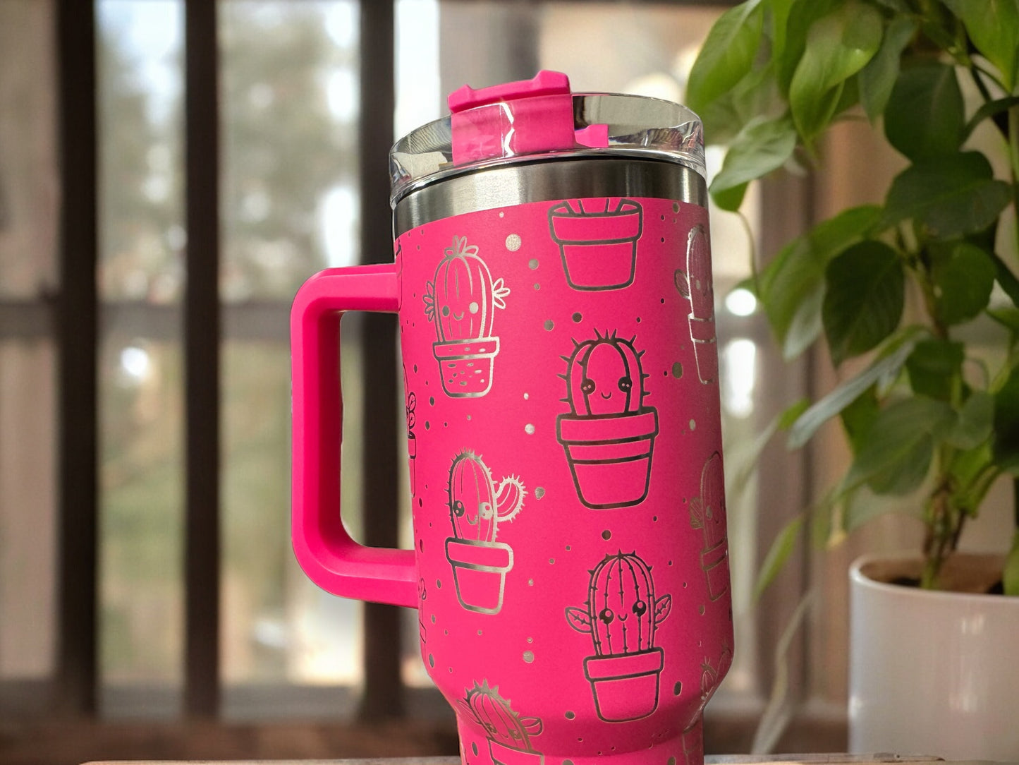40oz Hot Pink Cactus Tumbler with Handle – Powder-Coated Steel, Screw-On Lid & Straw