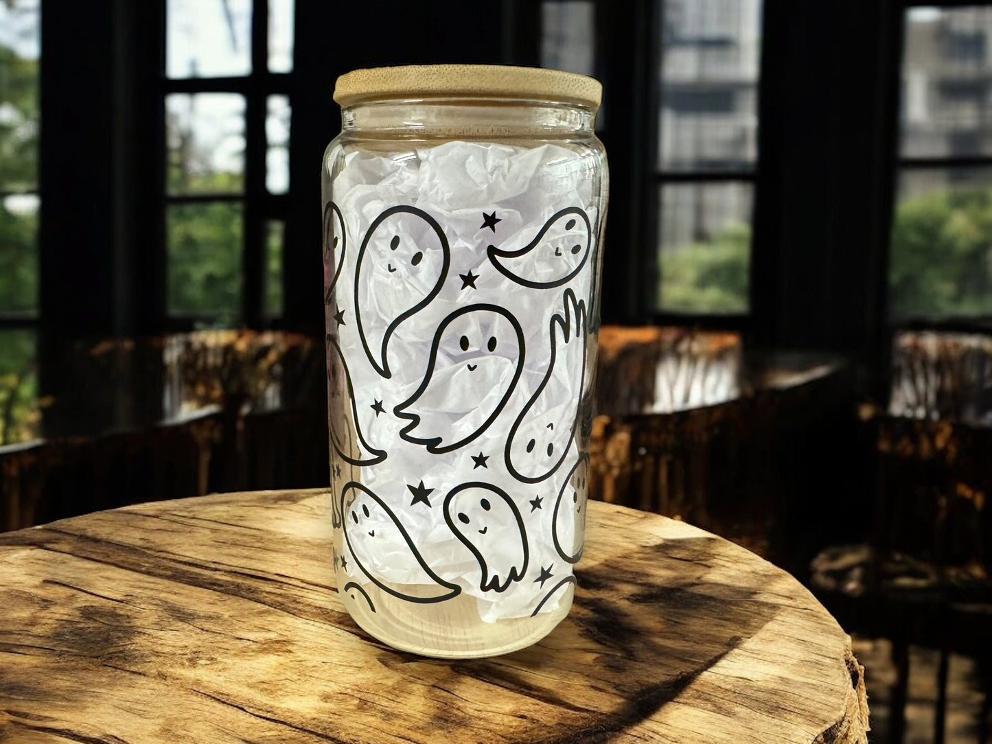 Ghost design beer can with straw and bamboo lid