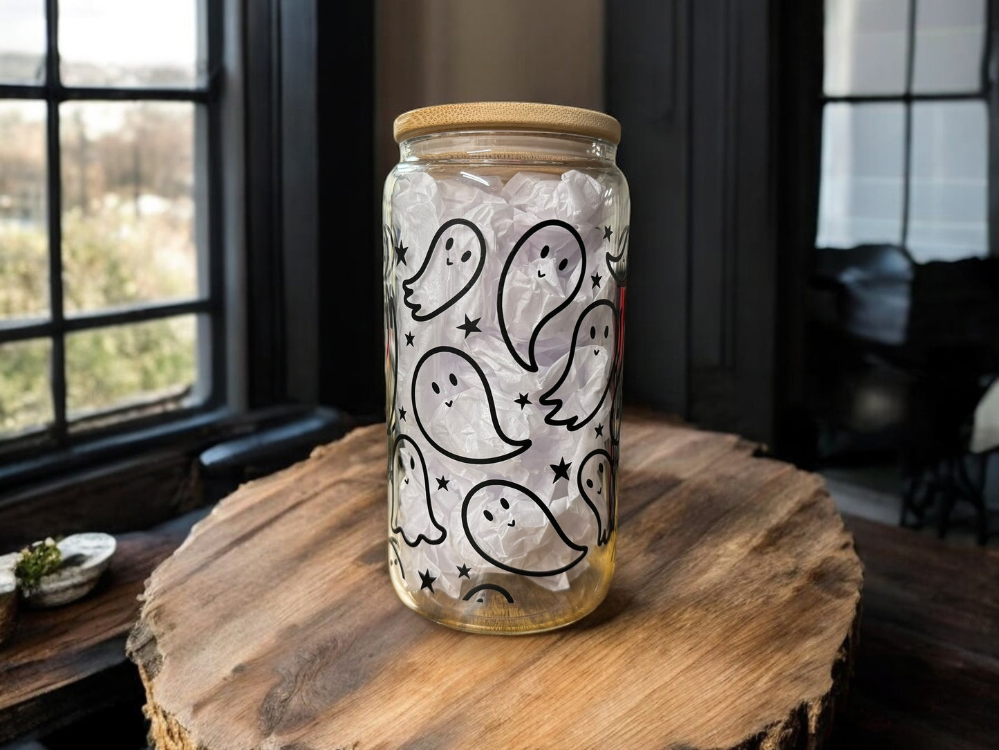 Ghost design beer can with straw and bamboo lid