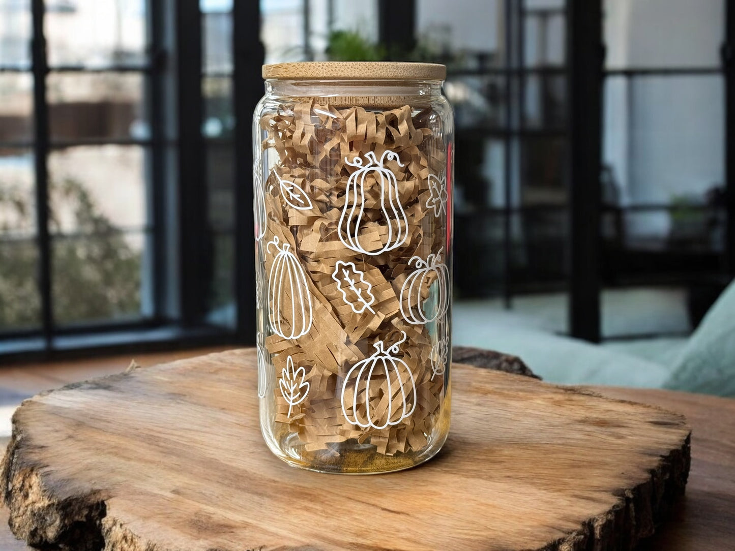 Leaves design fall beer can with straw and bamboo lid