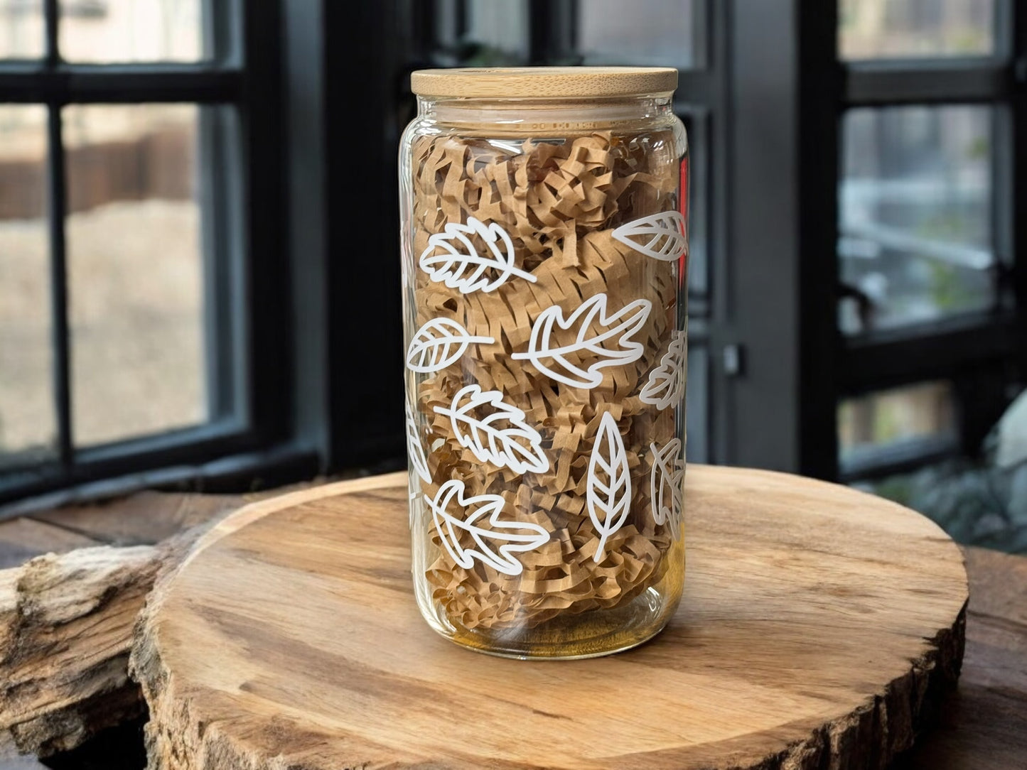 Leaves design fall beer can with straw and bamboo lid