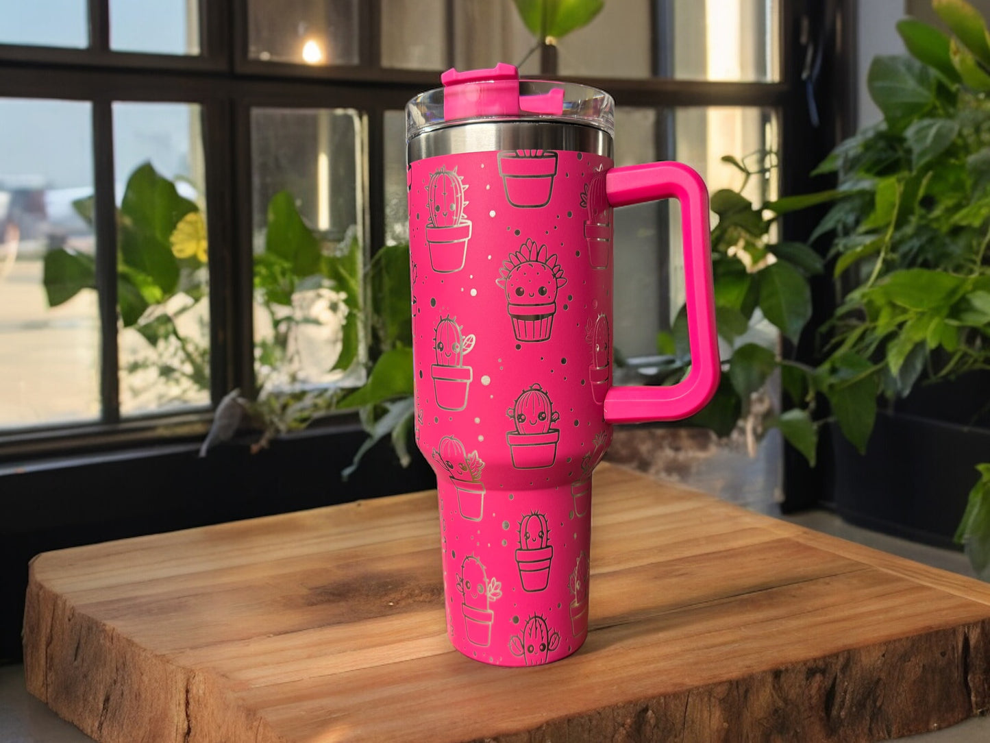 40oz Hot Pink Cactus Tumbler with Handle – Powder-Coated Steel, Screw-On Lid & Straw