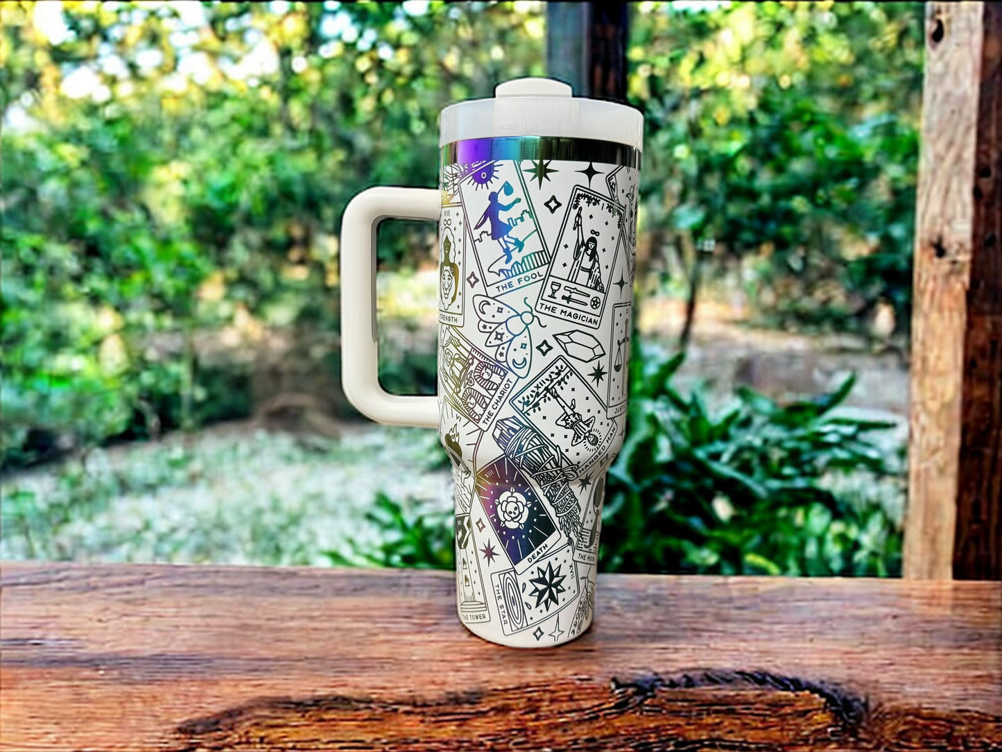 40oz Tarot Card Tumbler – Stainless Steel Travel Cup with Rainbow Base & Straw