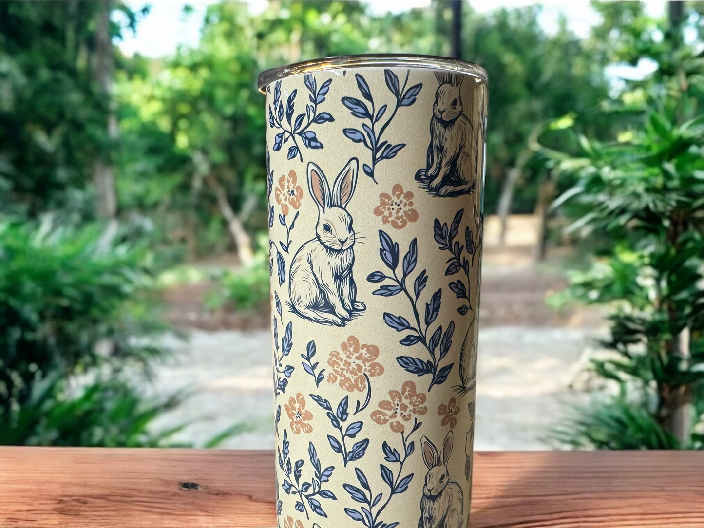 20 oz Bunny Tumbler – Vintage Floral Stainless-Steel Cup with Straw