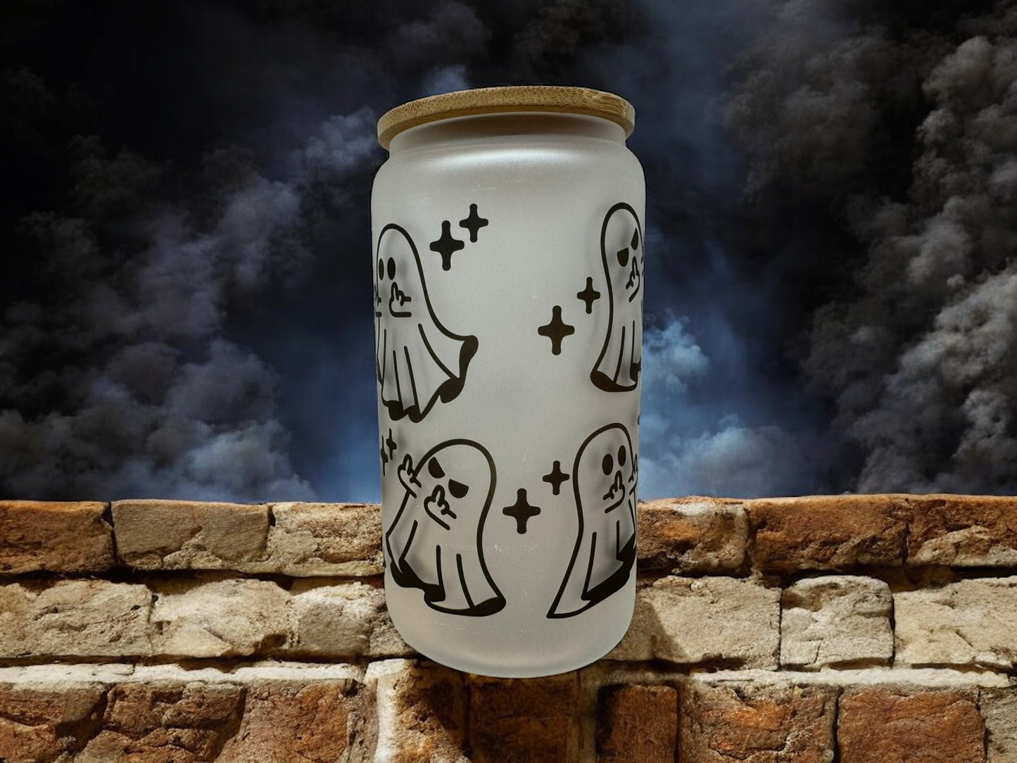 Ghosts with middle finger design beer can with straw and bamboo lid