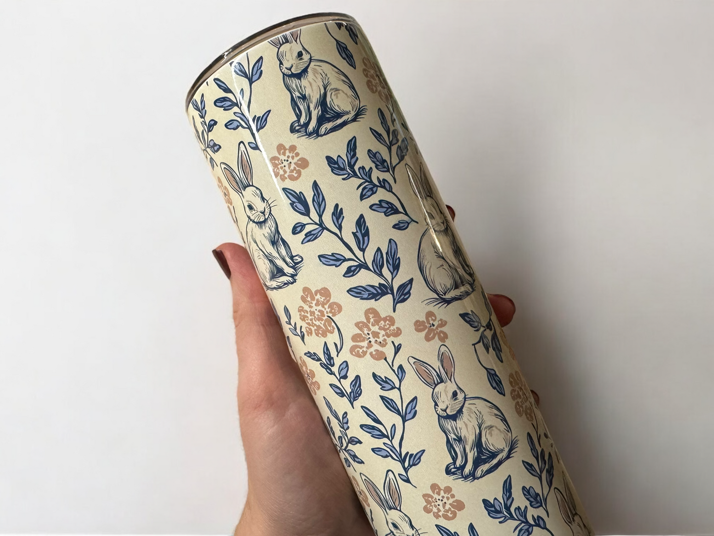 20 oz Bunny Tumbler – Vintage Floral Stainless-Steel Cup with Straw