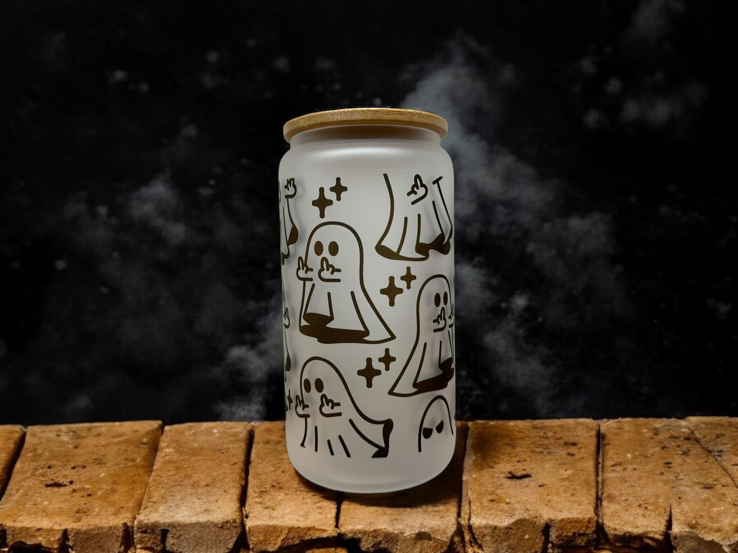 Ghosts with middle finger design beer can with straw and bamboo lid