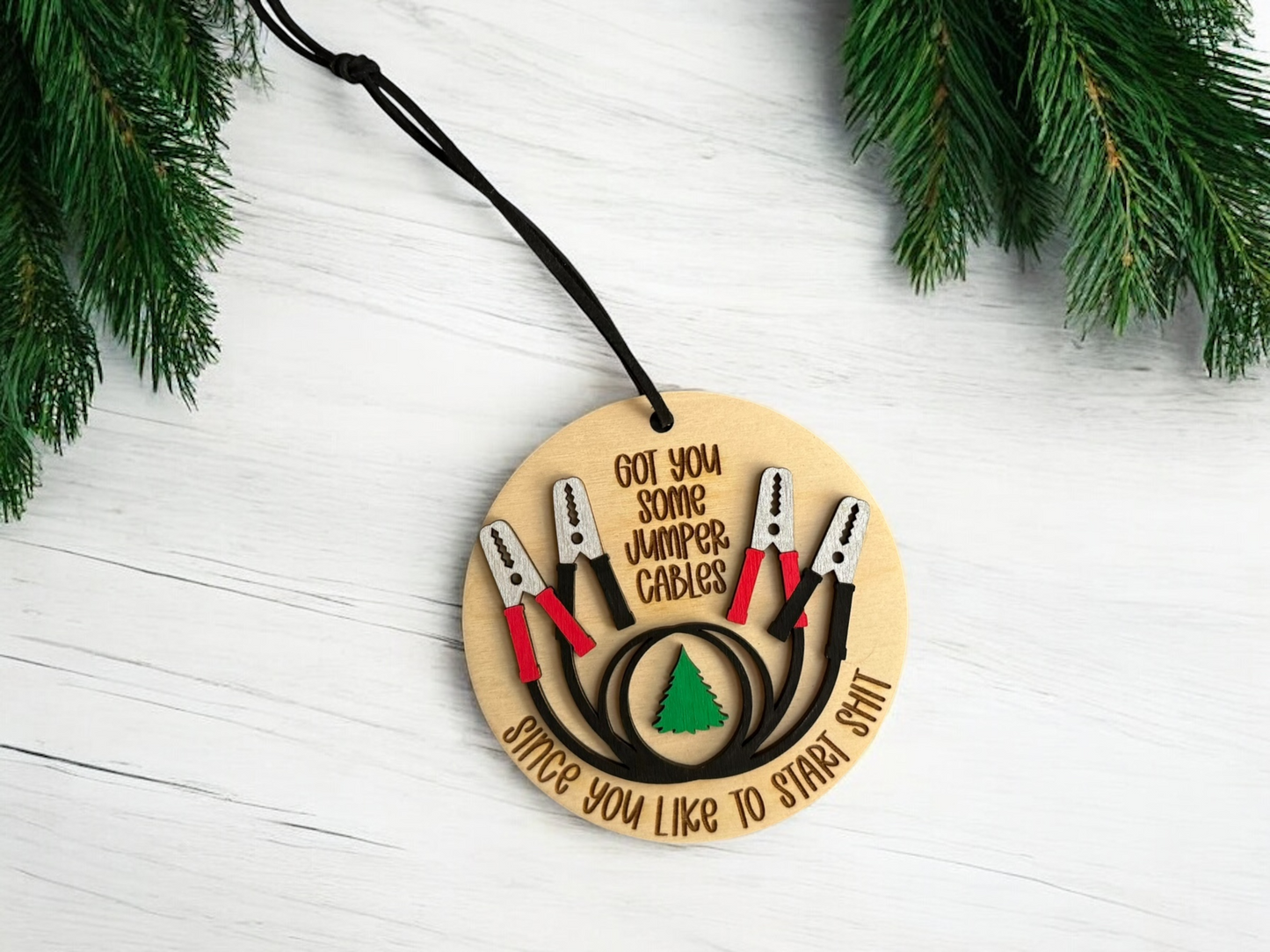 Start Shit “Jumper Cables” Ornamental Wood Tag – Funny Holiday Office Gift