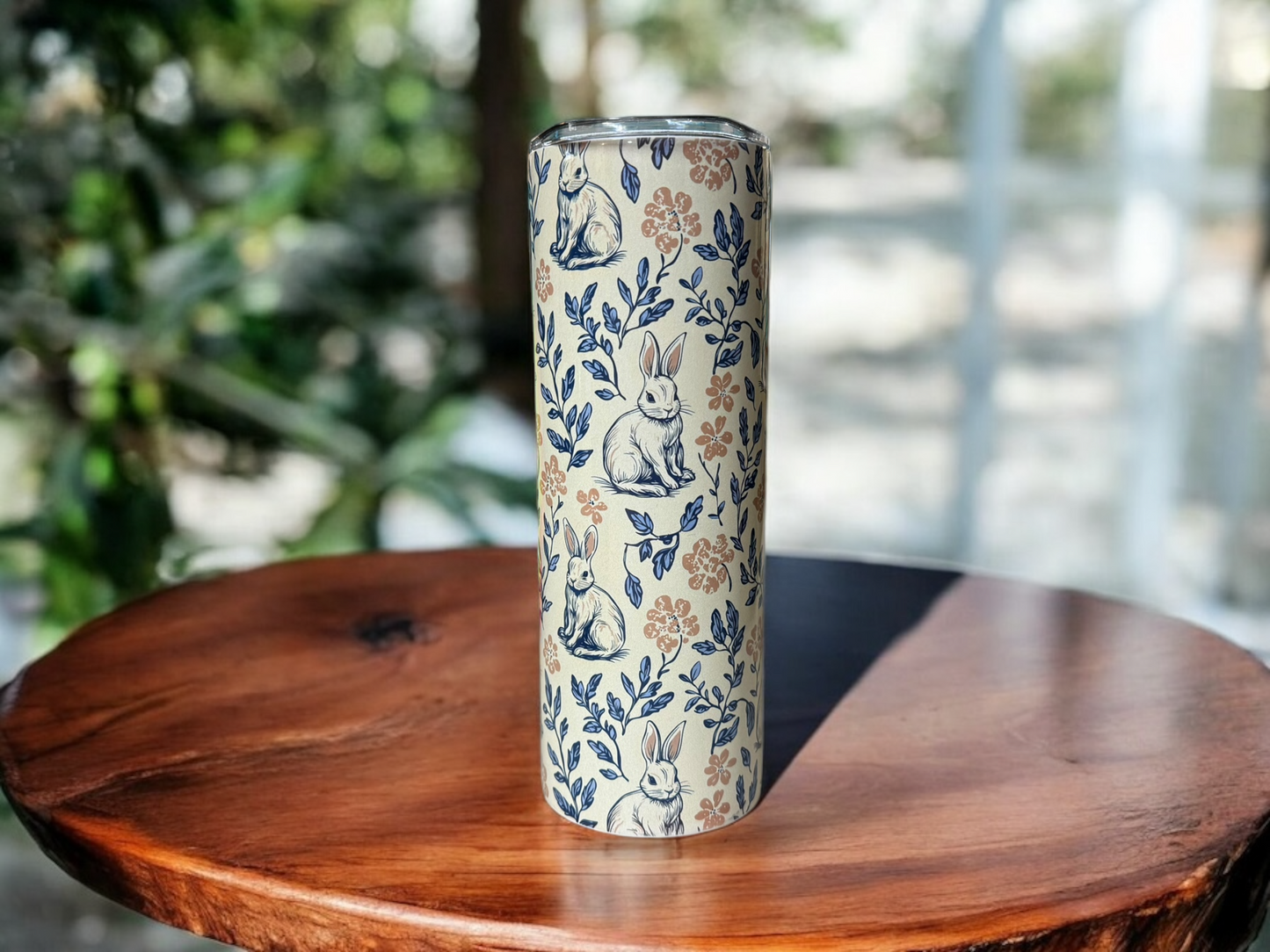 20 oz Bunny Tumbler – Vintage Floral Stainless-Steel Cup with Straw