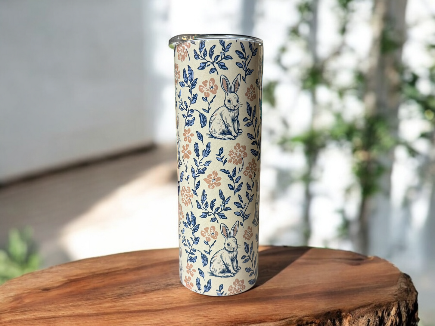 20 oz Bunny Tumbler – Vintage Floral Stainless-Steel Cup with Straw