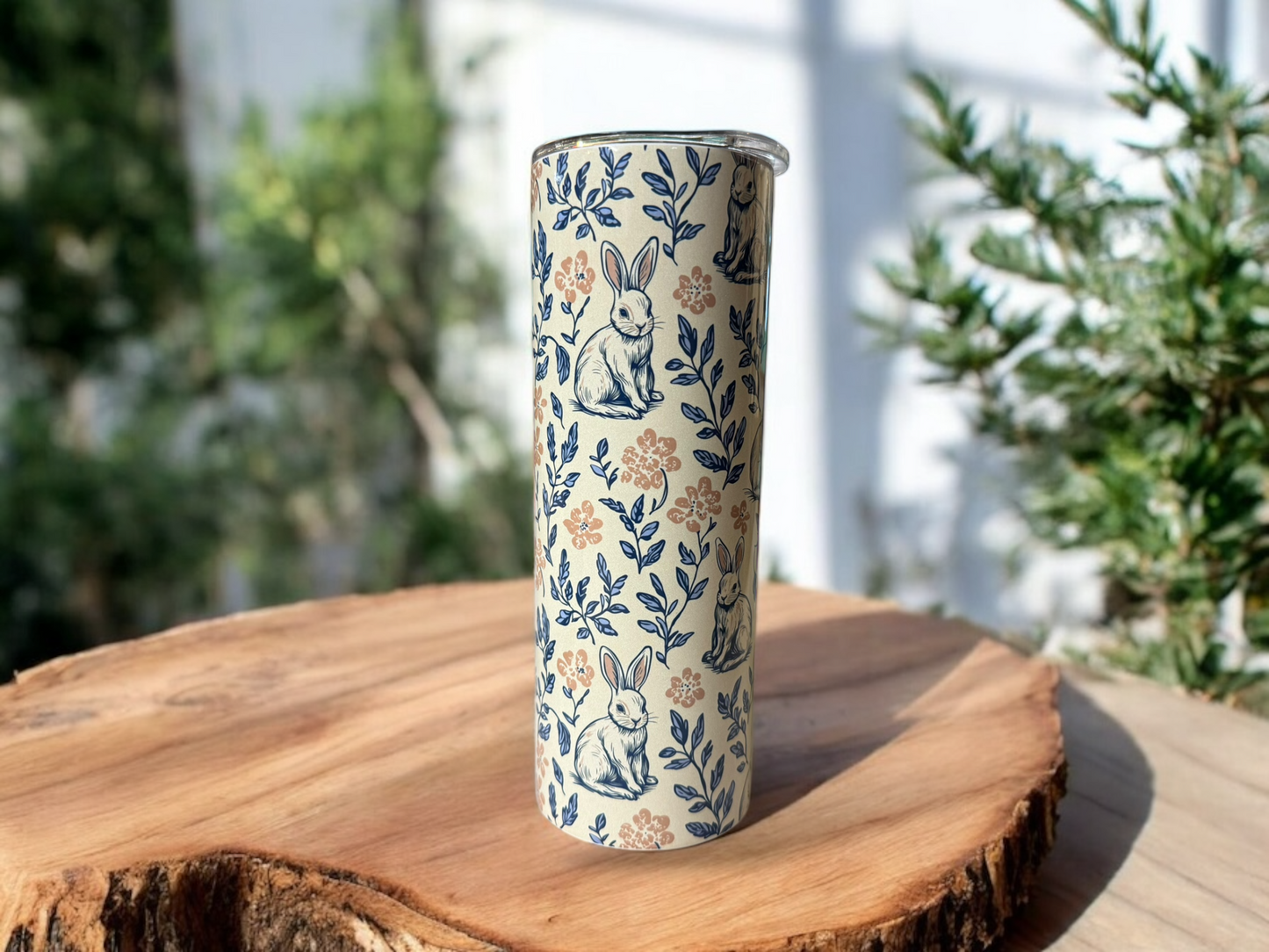 20 oz Bunny Tumbler – Vintage Floral Stainless-Steel Cup with Straw