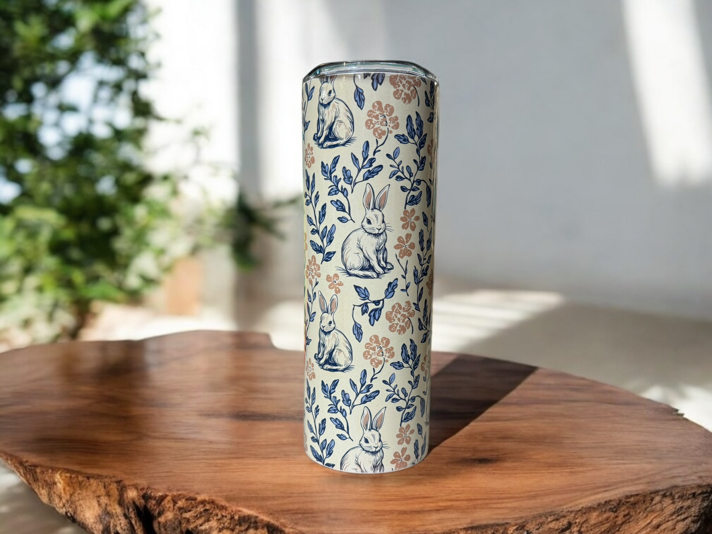 20 oz Bunny Tumbler – Vintage Floral Stainless-Steel Cup with Straw