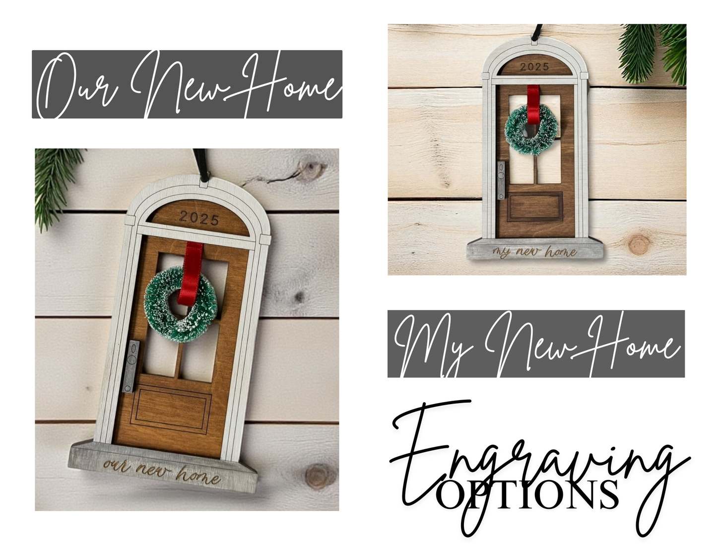 Decorative item with 'Our New Home' and 'My New Home' text and wreath, on a wooden background.