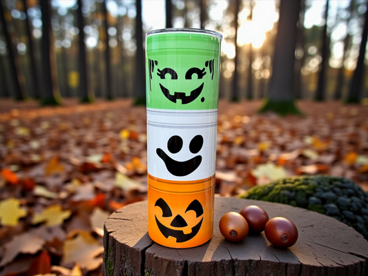 Stack of Halloween-themed cups with pumpkin faces on a wooden stump in a forest setting.