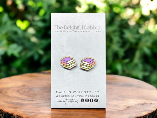 Book Stack Lasercut Wood Earrings - Summer Colors