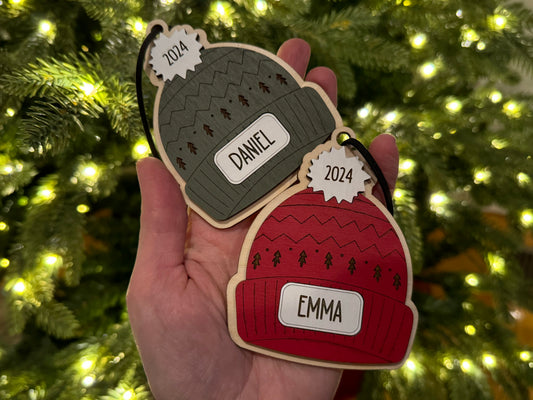 Personalized Winter Hat Ornament – 2-Layer Baltic Birch with Suede Cord