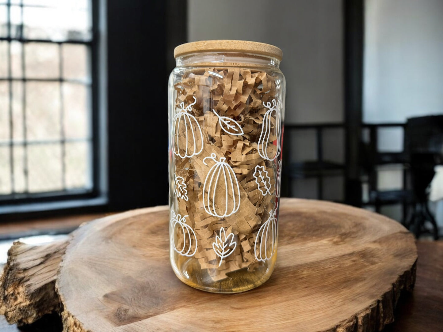 Pumpkin design fall beer can with straw and bamboo lid