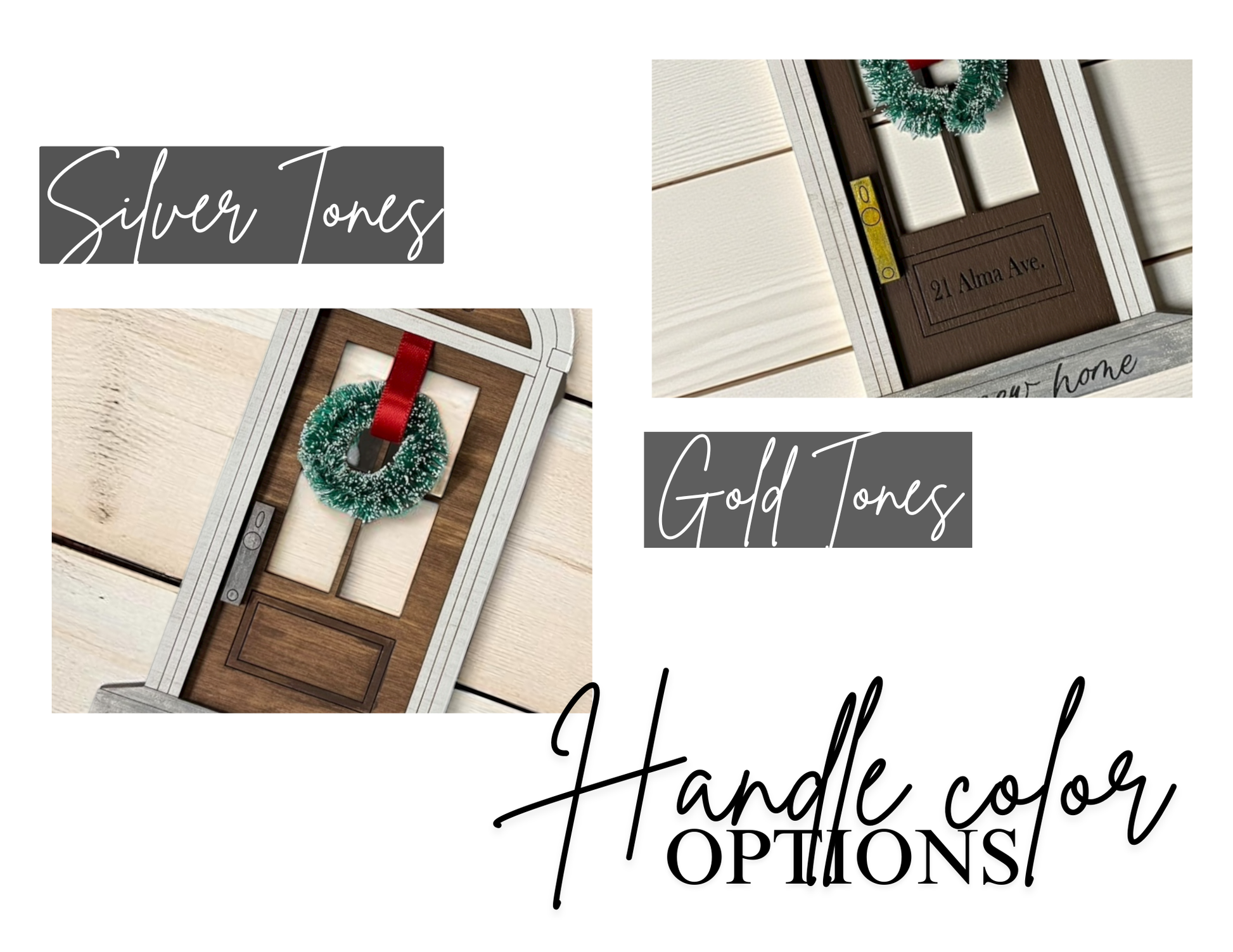 Collage of wooden ornaments with wreaths, showing the painted hardware options 'Silver Tones' and 'Gold Tones'.
