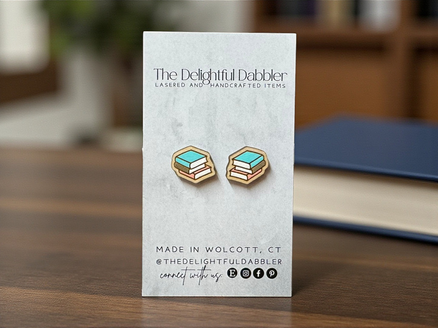 Book Stack Lasercut Wood Earrings - Winter Colors