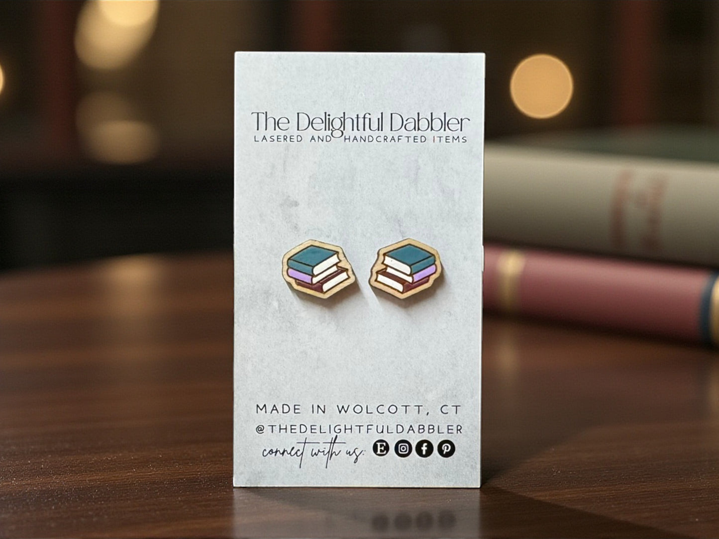 Book Stack Lasercut Wood Earrings - Winter Colors
