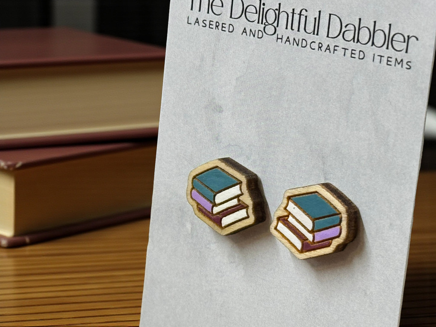 Book Stack Lasercut Wood Earrings - Winter Colors