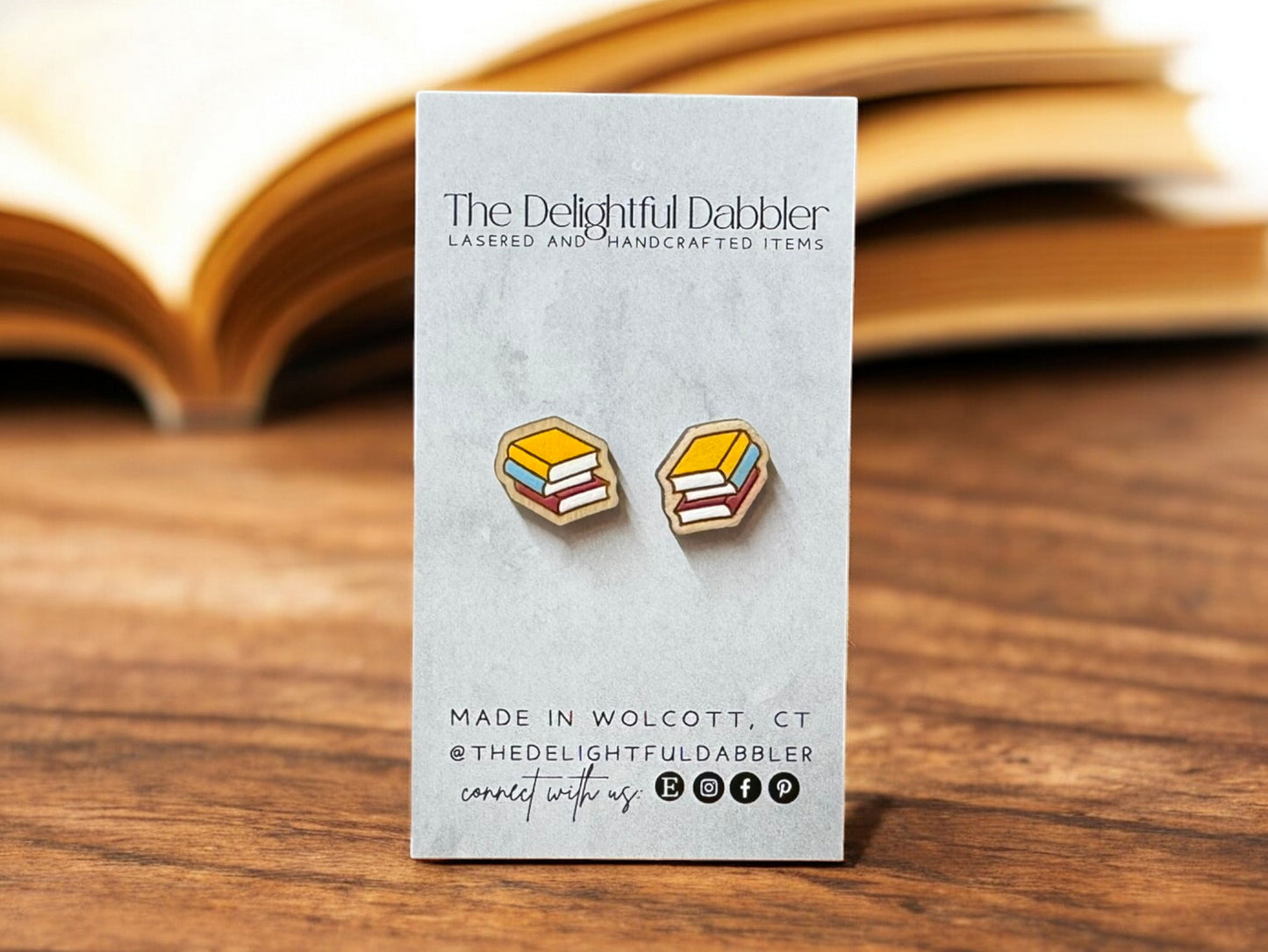 Book Stack Lasercut Wood Earrings - Winter Colors