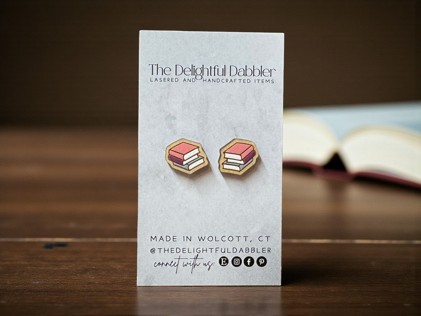 Book Stack Lasercut Wood Earrings - Winter Colors