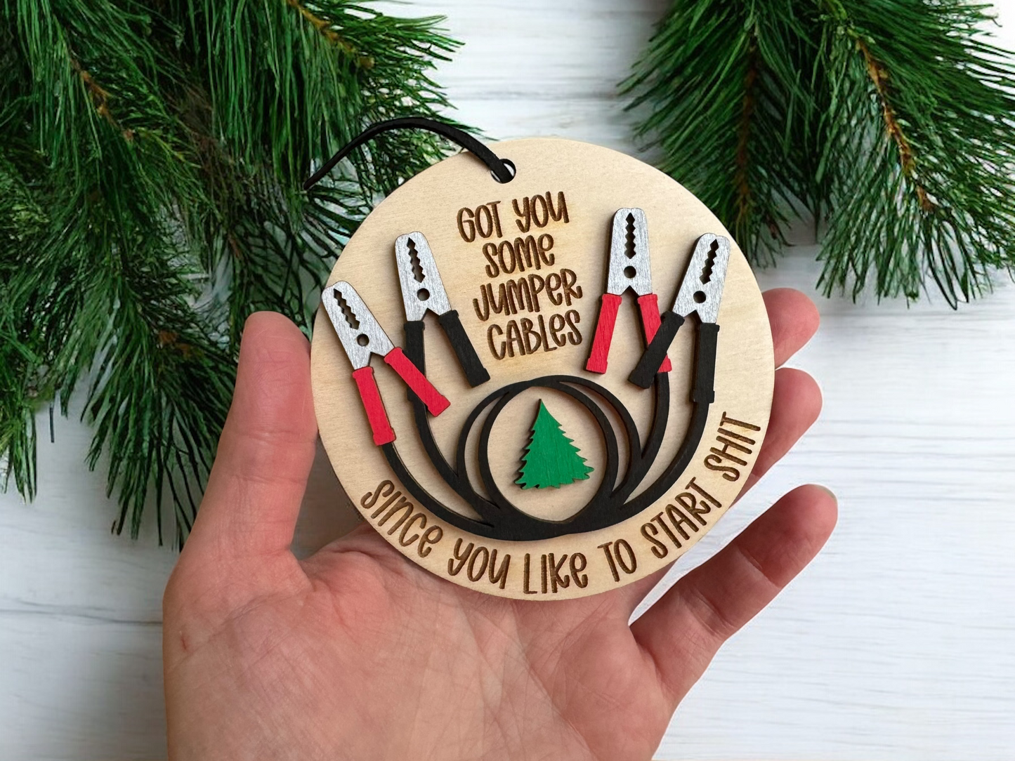 Start Shit “Jumper Cables” Ornamental Wood Tag – Funny Holiday Office Gift
