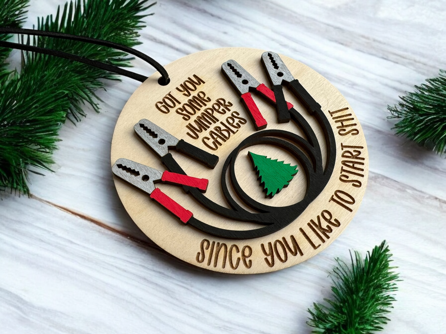 Start Shit “Jumper Cables” Ornamental Wood Tag – Funny Holiday Office Gift