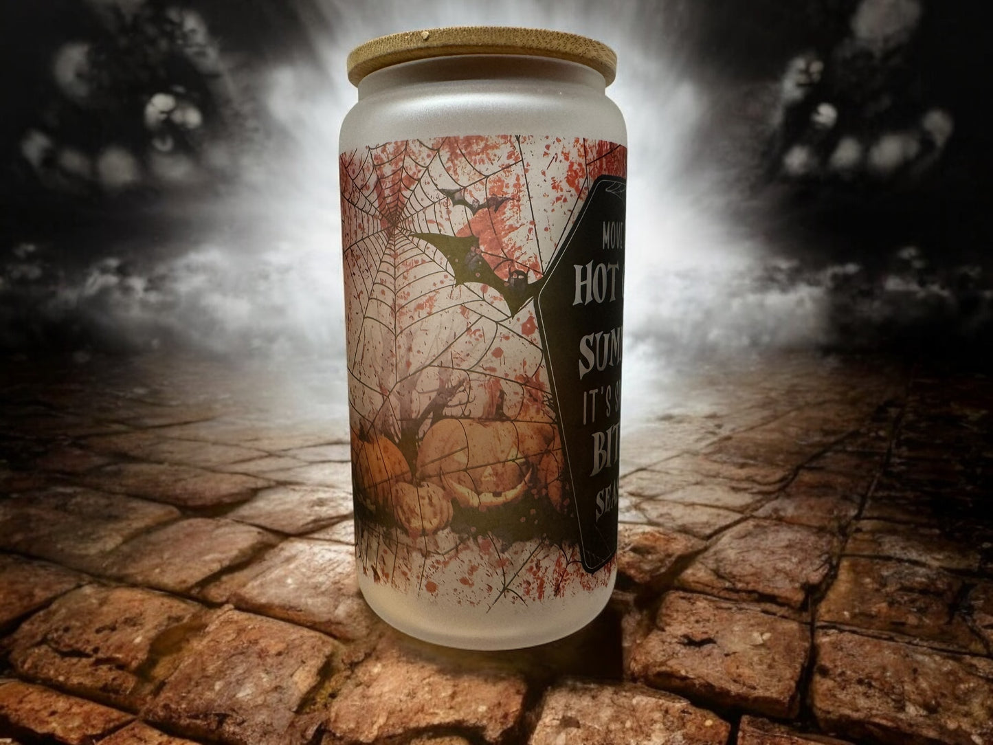 Spooky Bitch Season Glass tumbler with bamboo lid and straw