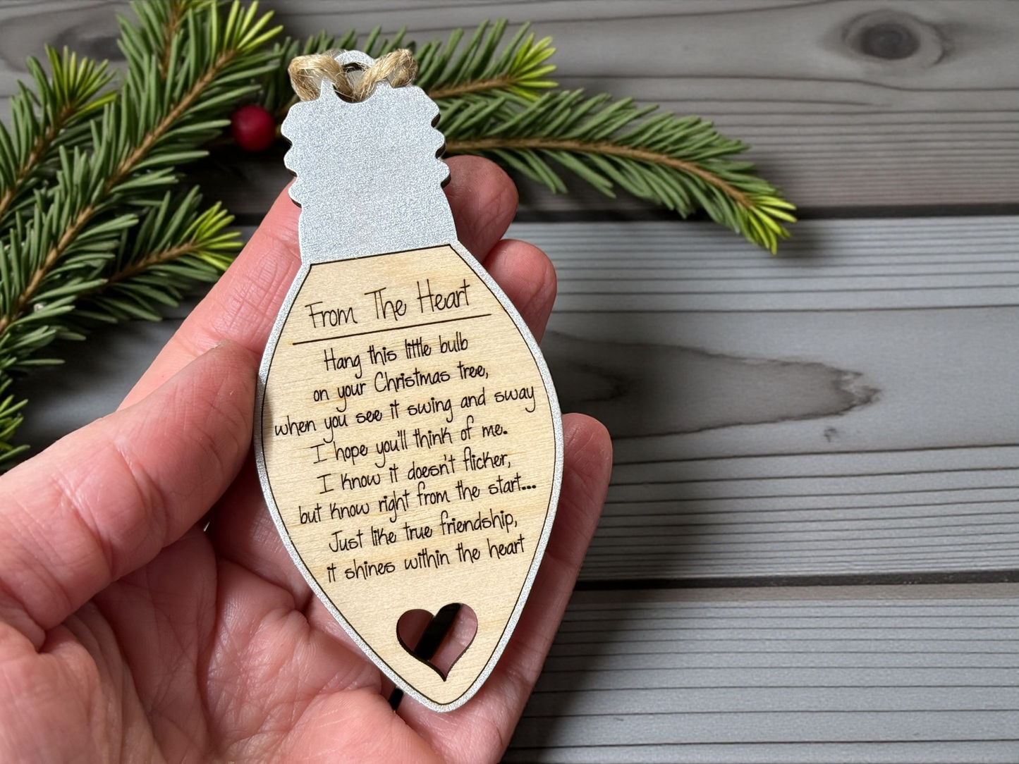 Friendship Lightbulb Ornament – Wooden Keepsake with Poem